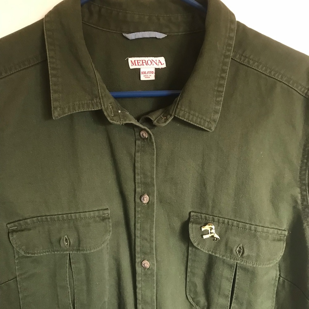 Olive drab button up blouse.